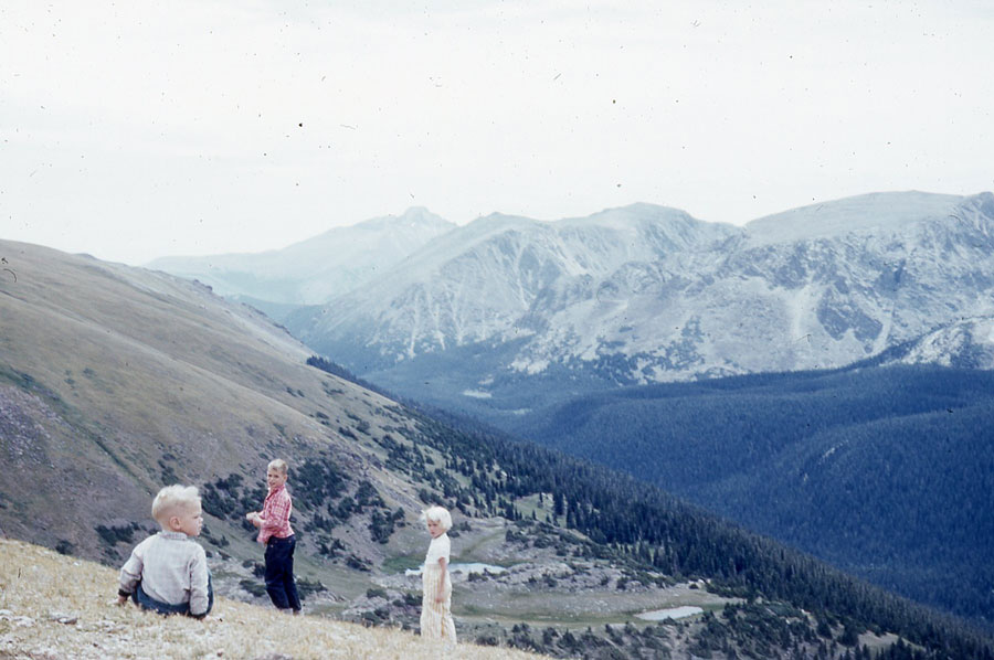 My brothers Jeff and Bill and I take the measure of Long's Peak in the Rocky Mountains in 1954.
